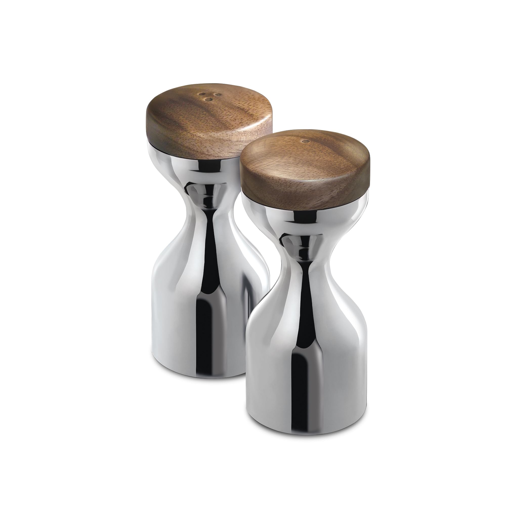Limbrey Bright Salt & Pepper Mills Set. Made from 18/10 Stainless Steel, Walnut Top. 10 Year Guarantee, Silver