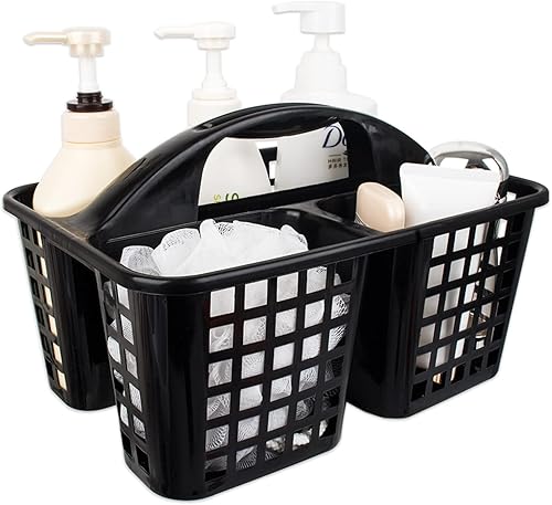 JiatuA Cesta de ducha portátil con compartimentos, organizador de suministros de limpieza con asa, almacenamiento de plástico, contenedor de Negro