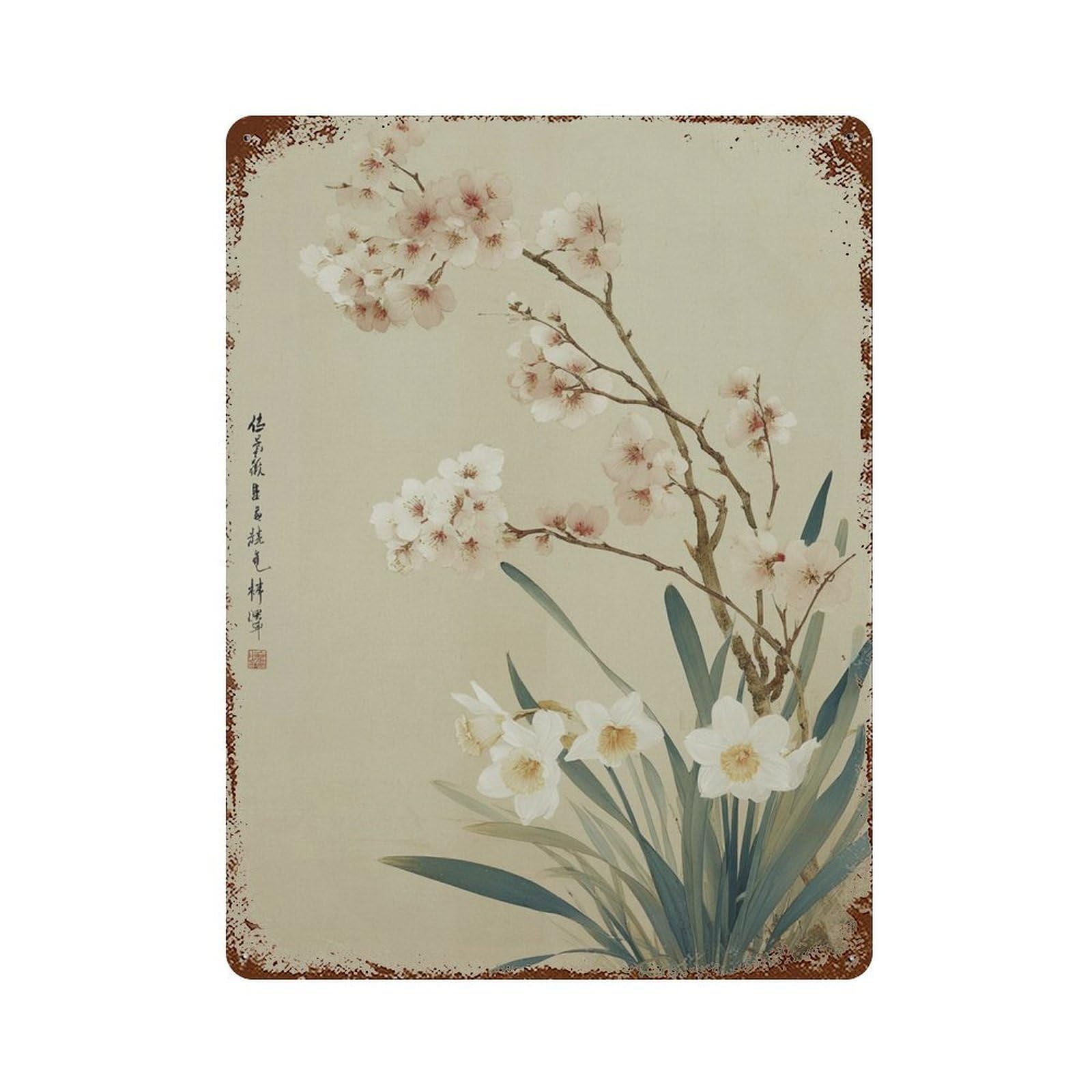 xiaoxiaoshen Japanese Floral Cherry Blossom And Lily Elegant Asian Botanical Living Room Wall Decor Art Metal Tin Poster Modern Home Decor Art Home Bar Shop Decorations Vintage Sign 40x30cm