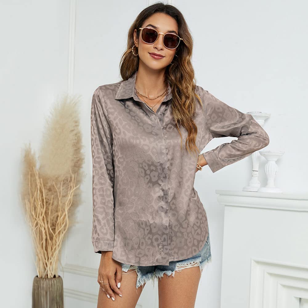 Haut Femme,Desserrez Les Manches Longues Turn-Down Collar Cardigan Dames Blouses Gris Imprimé Femmes Tuniques Printemps Été Décontracté Bureau d'affaires en Tête pour Les Femmes