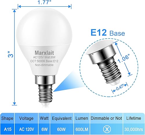 Miniatura 10 de Paquete de 12 bombillas E12 para ventilador de techo, equivalente a 60 W, luz natural de 4000 K, bombilla LED de base pequeña, bombilla LED A15 Luz