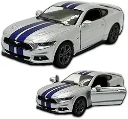 Miniatura de carro Ford Mustang Gt 2015 13 Cm, Em Metal, abertura de portas laterais, rodinhas em borracha com fricção, Carrinho de ferro em miniatura colecionável (Prata com faixas)