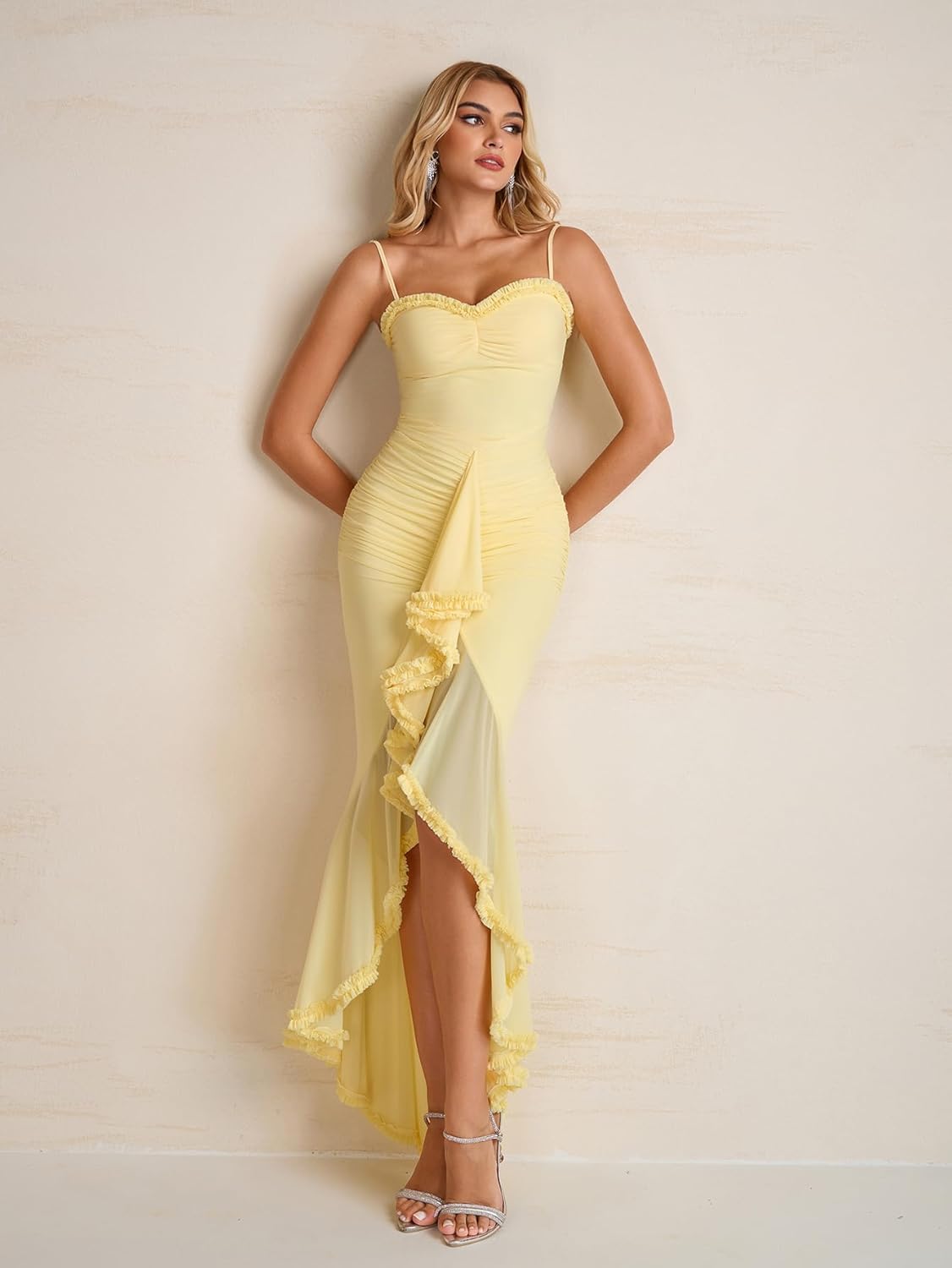 KUTUMAI Elegant Ruffle Long Formal Wedding Guest Dress Ruched Bodycon Slit Maxi Cocktail Dresses for Women