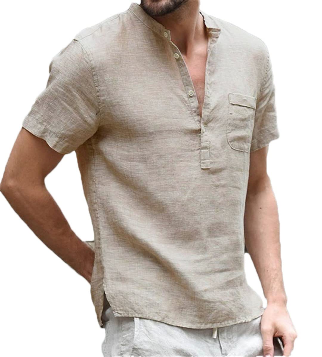 Camiseta de manga corta para hombre, de algodón y lino, informal, para hombre, caqui, M