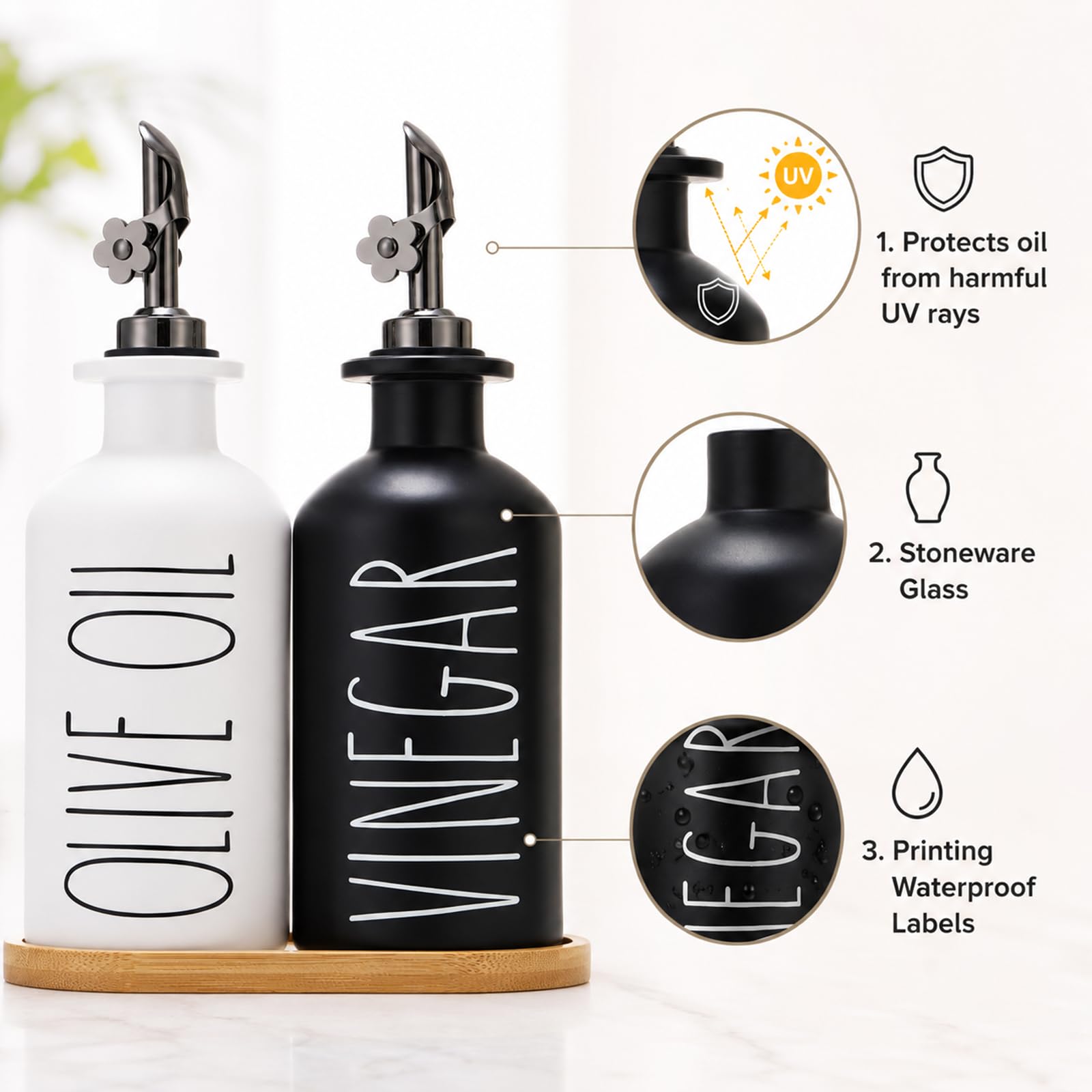 HOMCDALY Premium Olivenölspender für die Küche, Glasölflaschen mit Bambus-Tablett, Öl- und Essig-Menage-Set, Küchenspenderflaschen mit Ausgießer, 335 ml, Schwarz, Weiß, 2 Stück