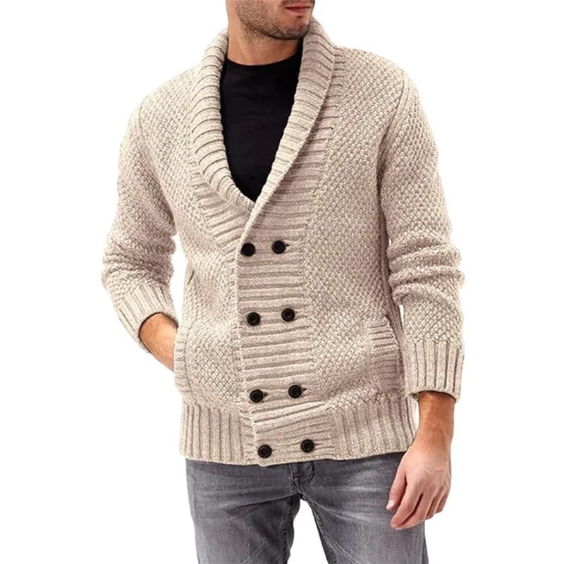 bifanxi Men's Double-Breasted Lapel Cardigan Sweater with Long Sleeves for Autumn and Winter | Cream | 3XL-picture-35
