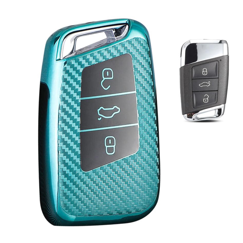 Coque de clé pour VW Passat B8 Jetta Skoda Octavia TPU carbone vert 3 boutons