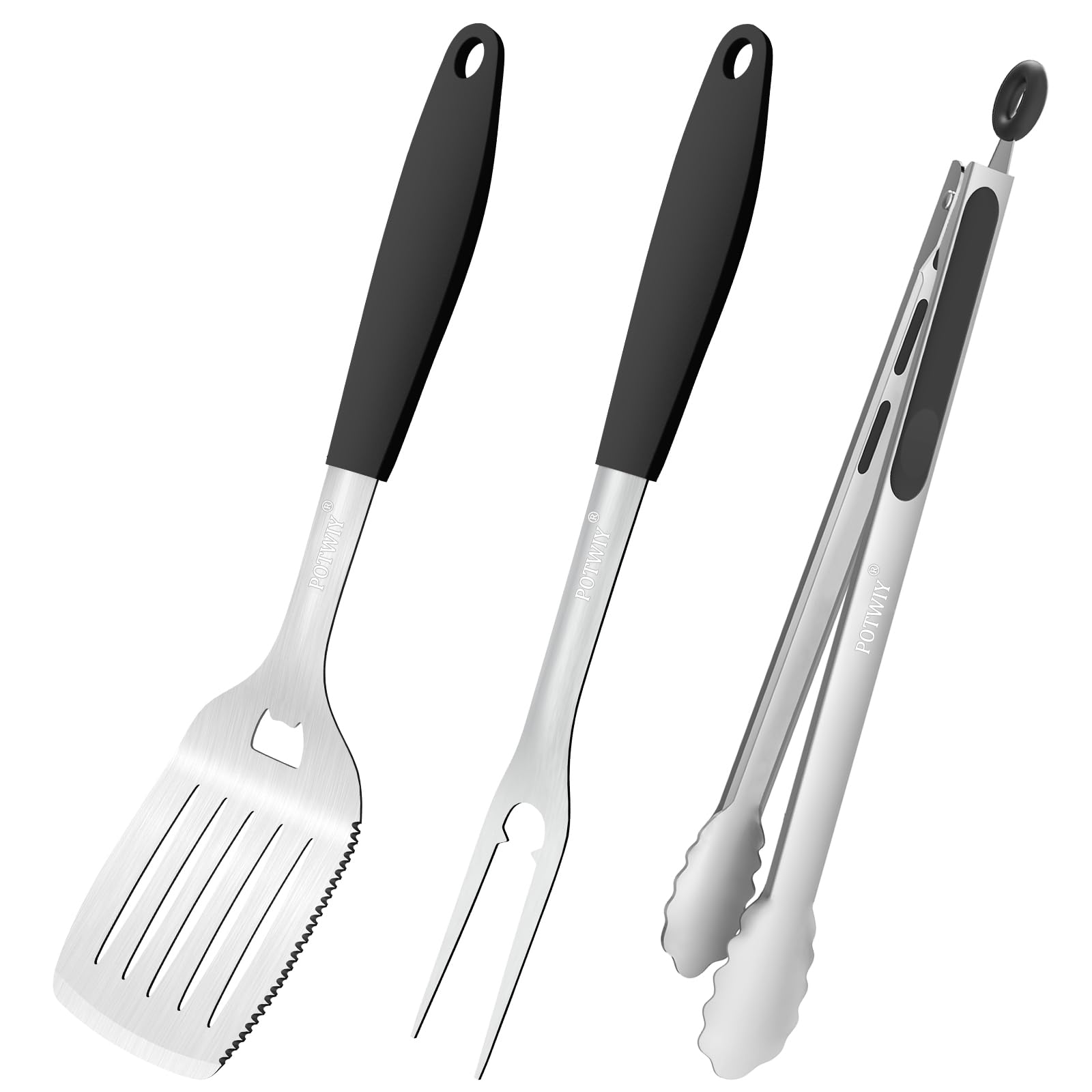Accesorios para parrilla de barbacoa, juego de 3 herramientas de parrilla de acero inoxidable con espátula, tenedor y pinzas, utensilios de barbacoa, herramientas de parrilla para acampar al