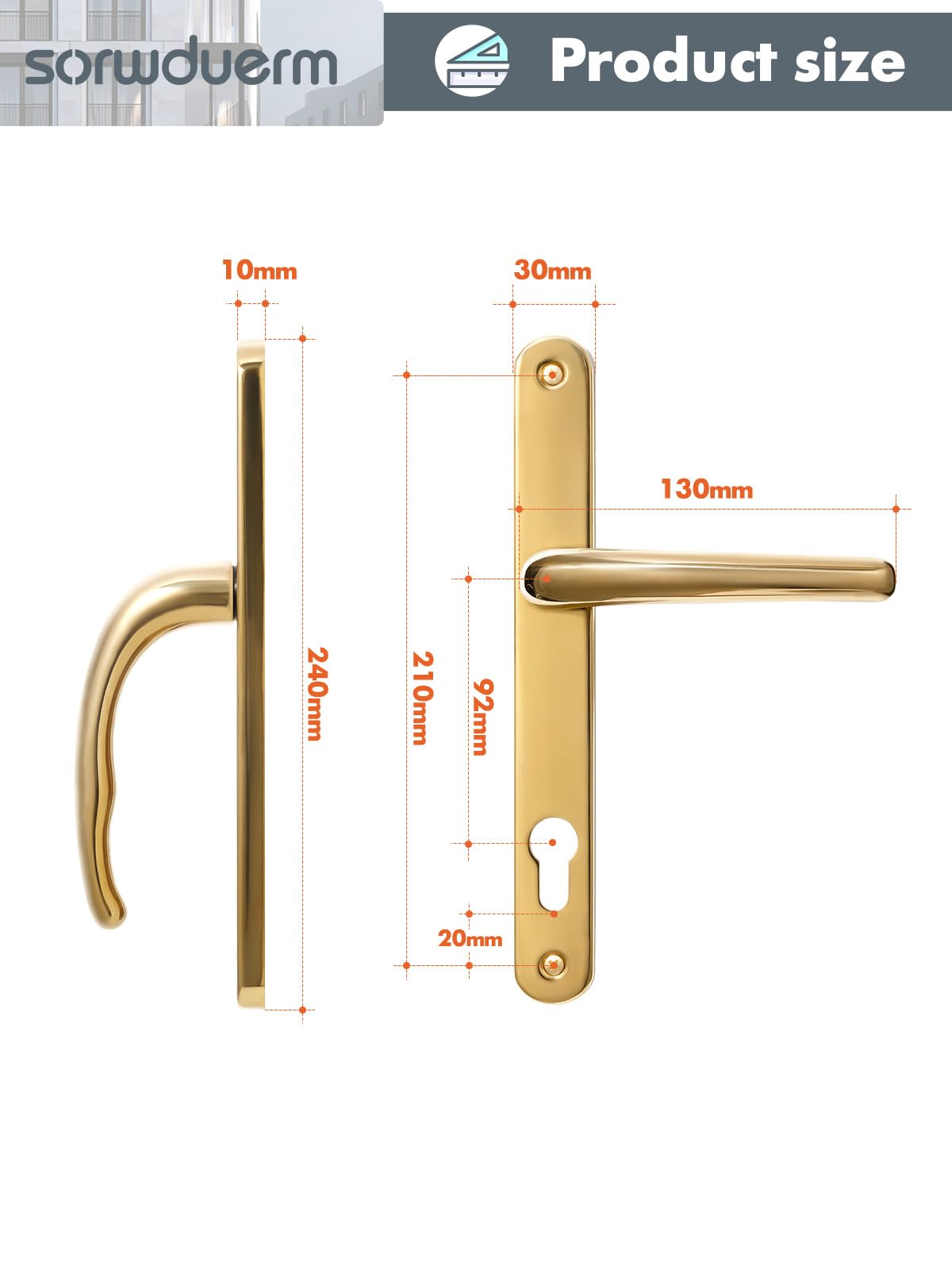 SORWDUERM Pvd Gold Door Handles Set 92mm PZ Centres 210mm Screw Hole Distance 240mm Backplate Length Replacement Door Lever for UPVC Composite Timber Door Stainless Steels - Image 2