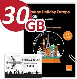 Orange Holiday Europe Prepaid SIM Card Combo Deal 30GB Internet Data in 5G/4G/LTE (Data tethering Allowed)+120min & 1000 Texts from Europe to Any Country Worldwide+1 Sim Card Holder+1 Pin