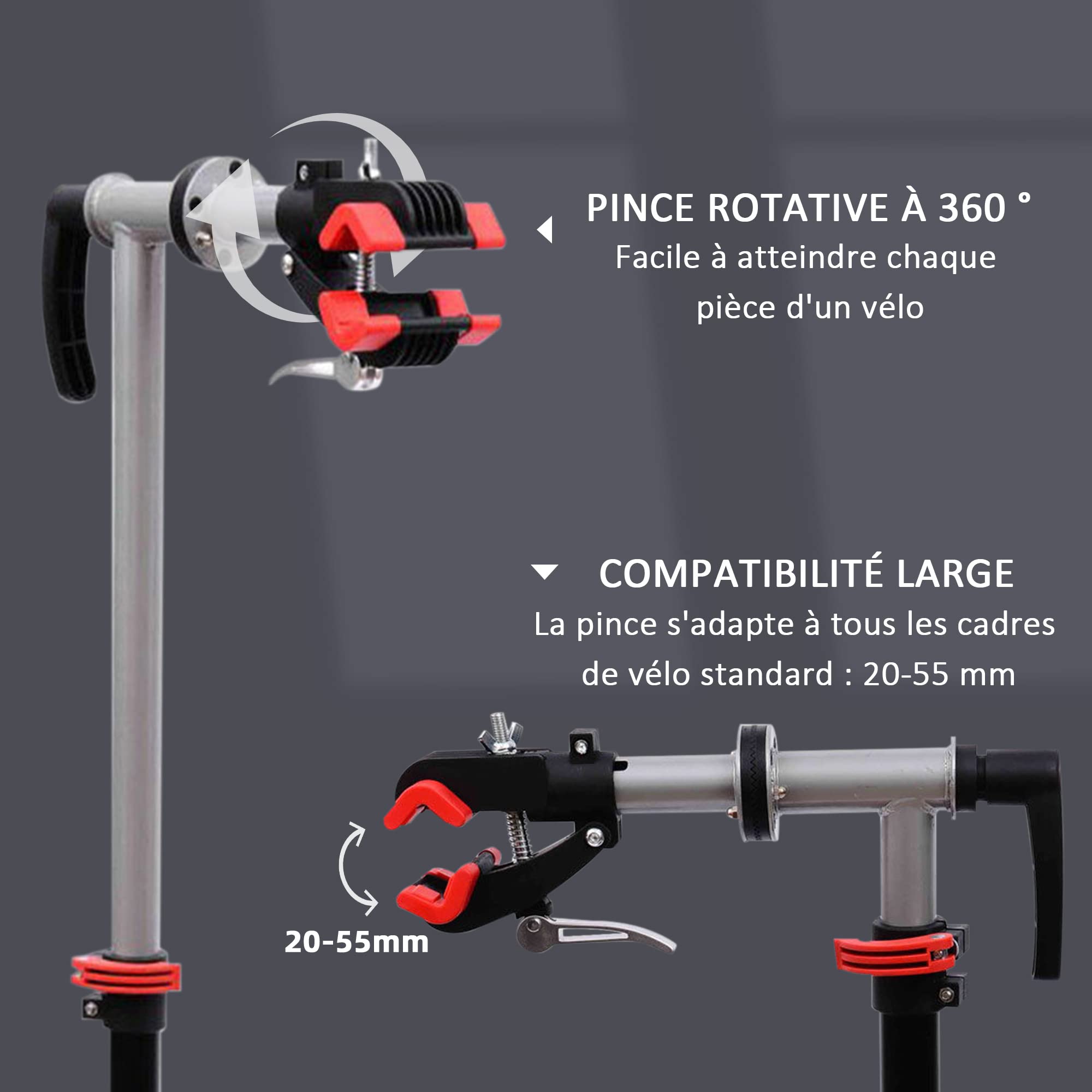 HOMCOM Pied d'Atelier Vélo Support de Réparation Professionnel, Charge 30kg pour VTT - Stand de Montage Pliable avec Plateau à Outils - Hauteur Réglable 180cm et Pince Rotative 360, Gris Noir