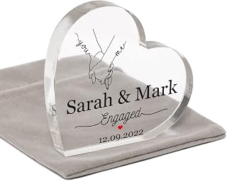 Engagement Gift For Couples Friends Her Him, Personalised Gift For Engaged Couple, Engagement Date, Acrylic Clear Block Keepsake With Grey Bag