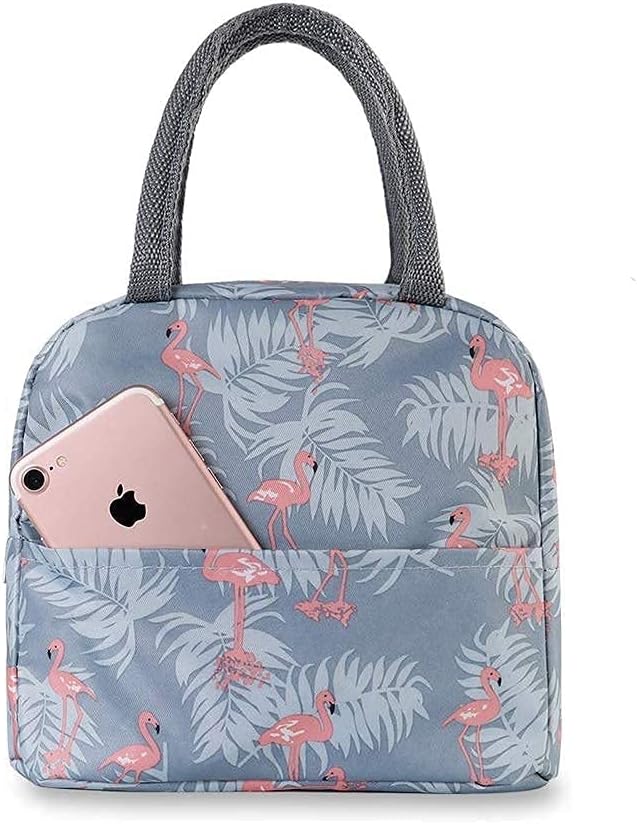 Portable Lunch Bag Insulated Canvas Tote Travel Tiffin Bag Thermal Food Canvas Flamingo Insulated Cooler Bags Thermal Food Picnic Lunch Bags Kids for Office, College & School (Grey)