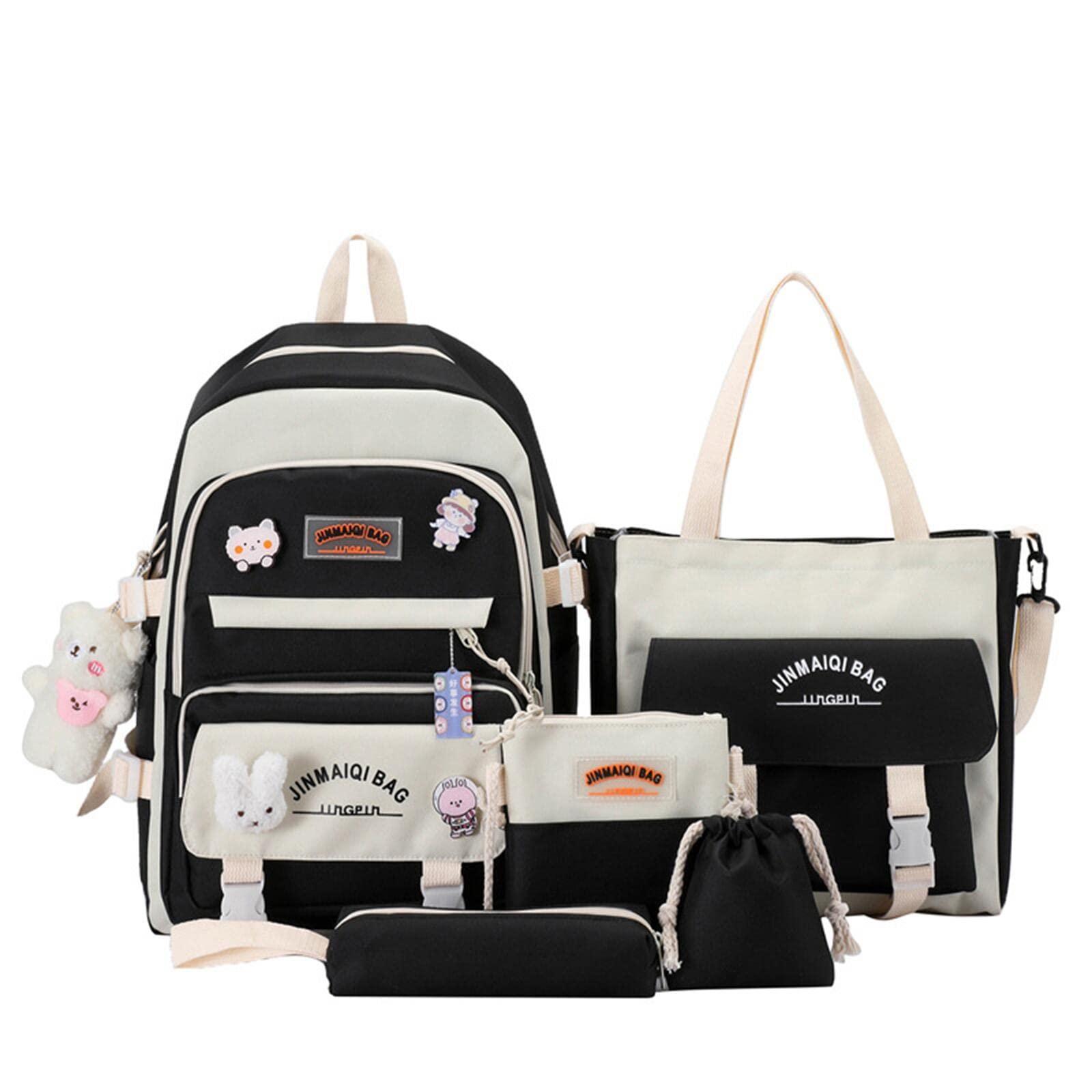 HNERUE 5Pcs Kawaii Cute Backpacks Combo Set with Bear Pendant & Pins - Patchwork Japanese Aesthetic Anime Bunny Daypack Bag Kit (Black)
