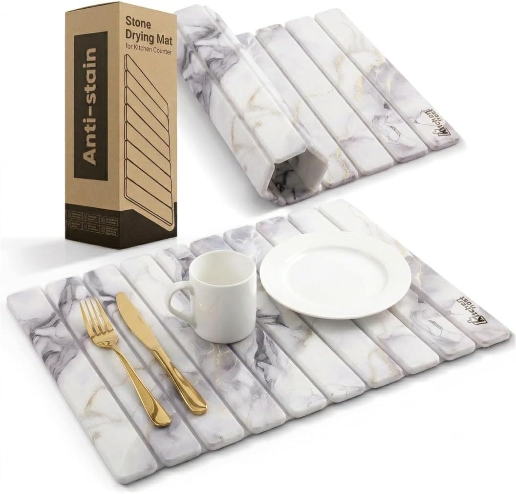 Stone Drying Mat for Kitchen Counter 24"x15" - Large Diatomite Dish Drying Mat, Kitchen Drying Stone, Super Absorbent Quick Dry, Foldable Heat Resistant, Dark Grey Marble