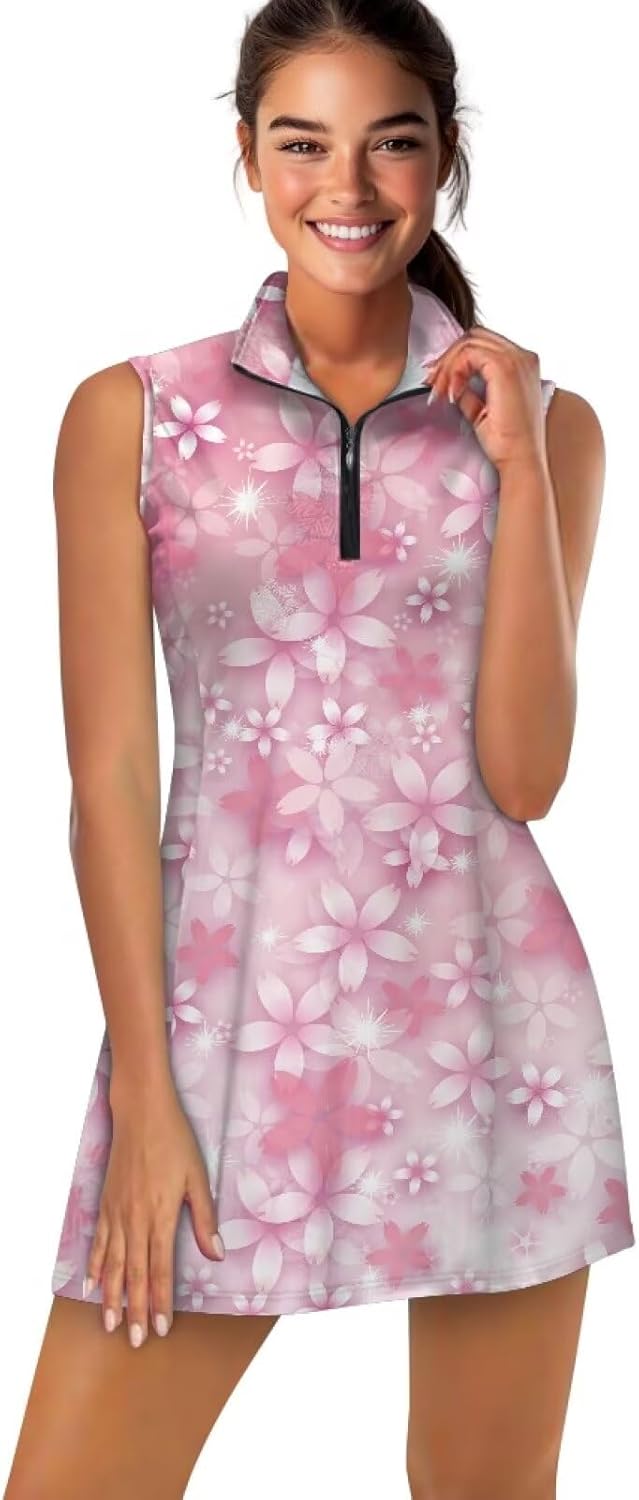 Tennis Dress for Women with Shorts Zip Up Workout Athletic Dress with Pockets Two Piece Sets Dress Pleat Strechy Golf Clothes