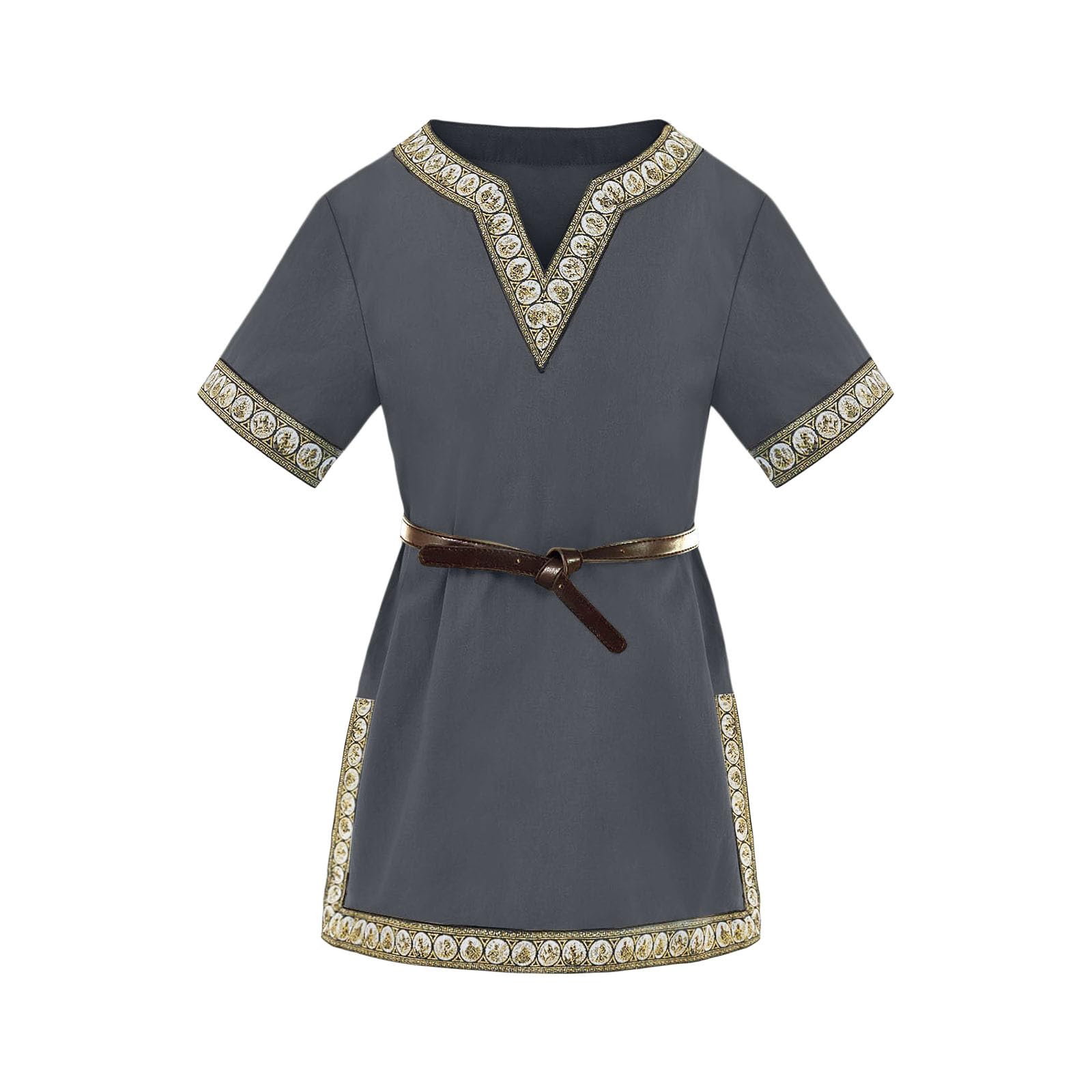 Boys' Medieval Tunic - Short Sleeve V-Neck Kids' Saxon & Viking Costume T-Shirt for School History Days, Halloween, Renaissance, Warrior, Knight (Ages 4-14)