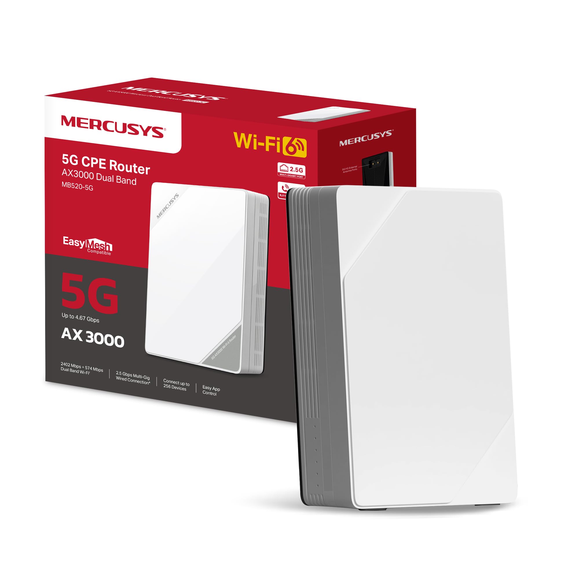 Mercusys TP-Link MB520-5G router 5G z Sim, WiFi 6 Dual-Band AX3000Mb/s, 2402 Mb/s przy 5 GHz+574 Mb/s w 2,4 GHz, port LAN/WAN 2,5 Gb/s, VPN, podłącz do 256 urządzeń, wtyczek i Play, App Bloy
