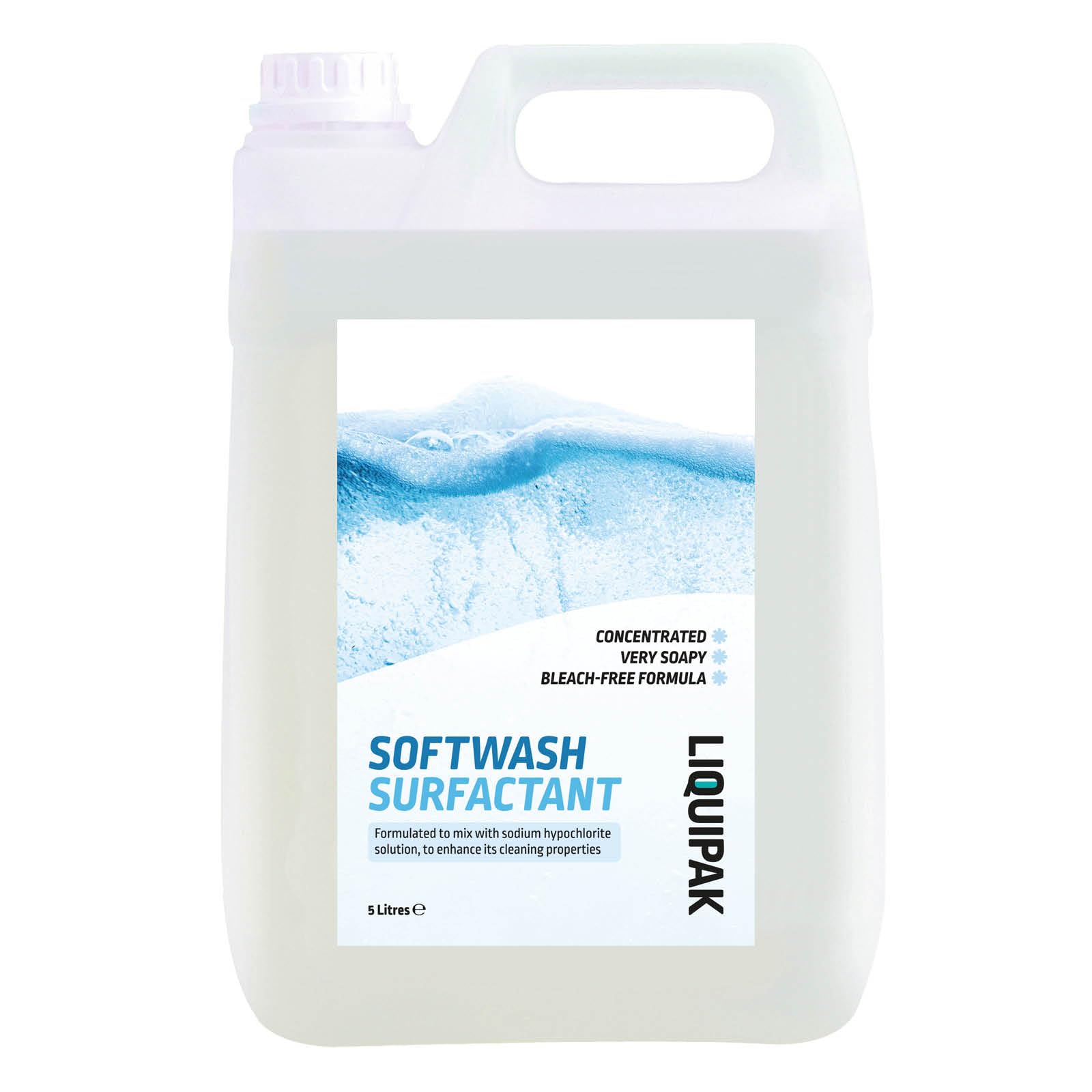 Liquipak Soft Wash Surfactant 5L – Professional softwashing detergent additive, formulated for sodium hypochlorite, enhances cleaning power & boosts performance (5 Litres).