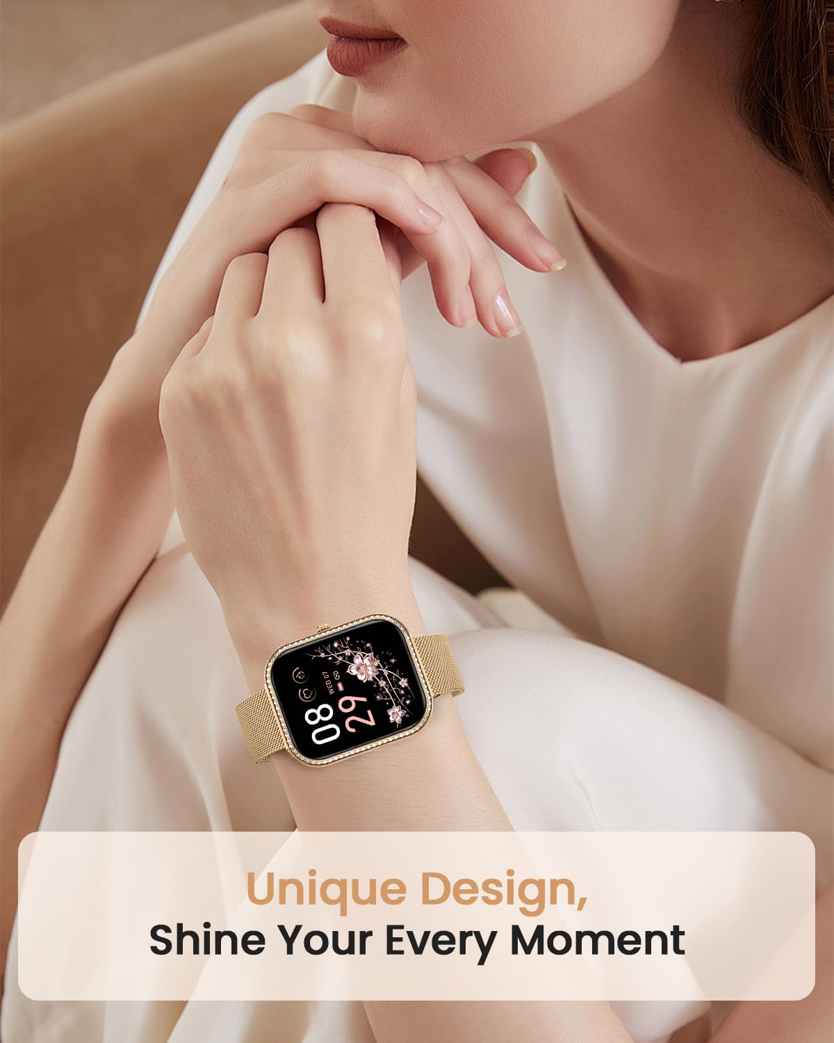 BANLVS Smartwatch Donna con Chiamate, 1,75” Orologio Fitness con 270 Quadranti, 130 Sport, Smart Watch Fisiologia Femminile SpO2 Cardiofrequenzimetro Sonno Calorie Android iOS Oro Regalo Natale Donna