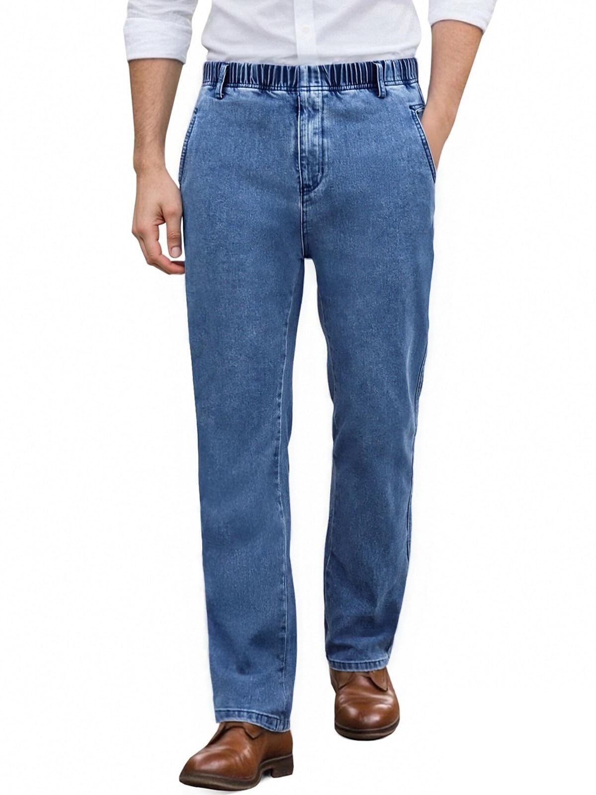 LONGBIDA Mens Elastic Waist Jeans Relaxed Fit Mens Stretch Denim Pants Business Straight Leg Trousers