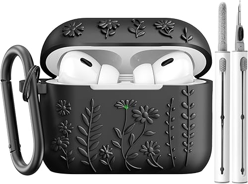 AIRSPO Funda para Airpod Pro de 2 generación, funda protectora de silicona suave en relieve floral 3D con kit de limpieza para Apple Airpods Pro de