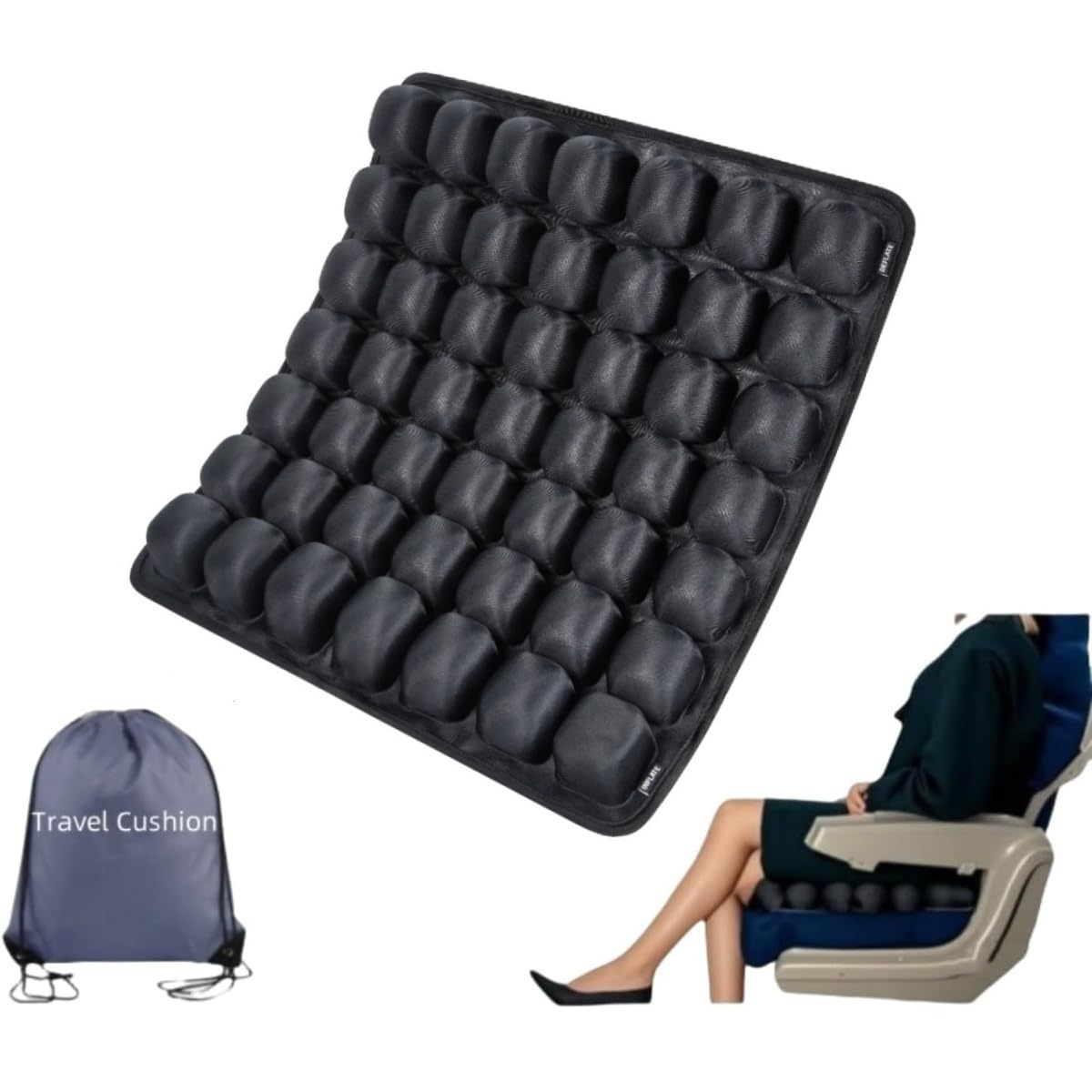 Travel Cushion,Inflatable Travel Cushion Airplane seat Cushions for Long Flights,Portable car seat Cushions, for Office Chair, Wheelchair (49 air Bag Black)