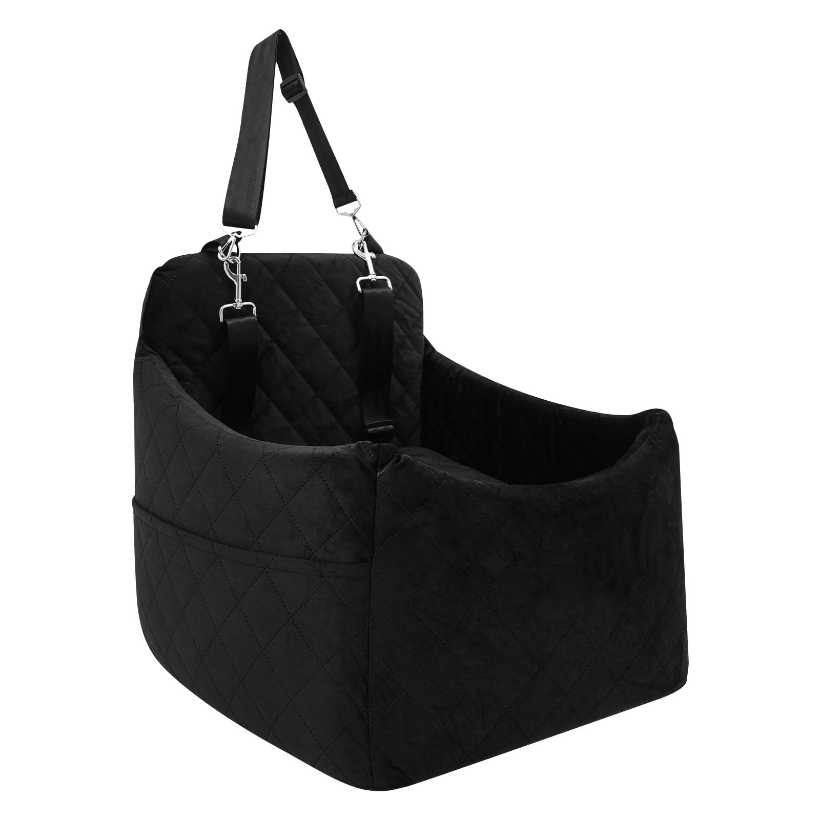 Asiento de coche para perros pequeños/medianos de menos de 15 kg, asiento de coche para mascotas desmontable y lavable, con 3 cinturones de seguridad y almohadilla, cama para perro, color negro