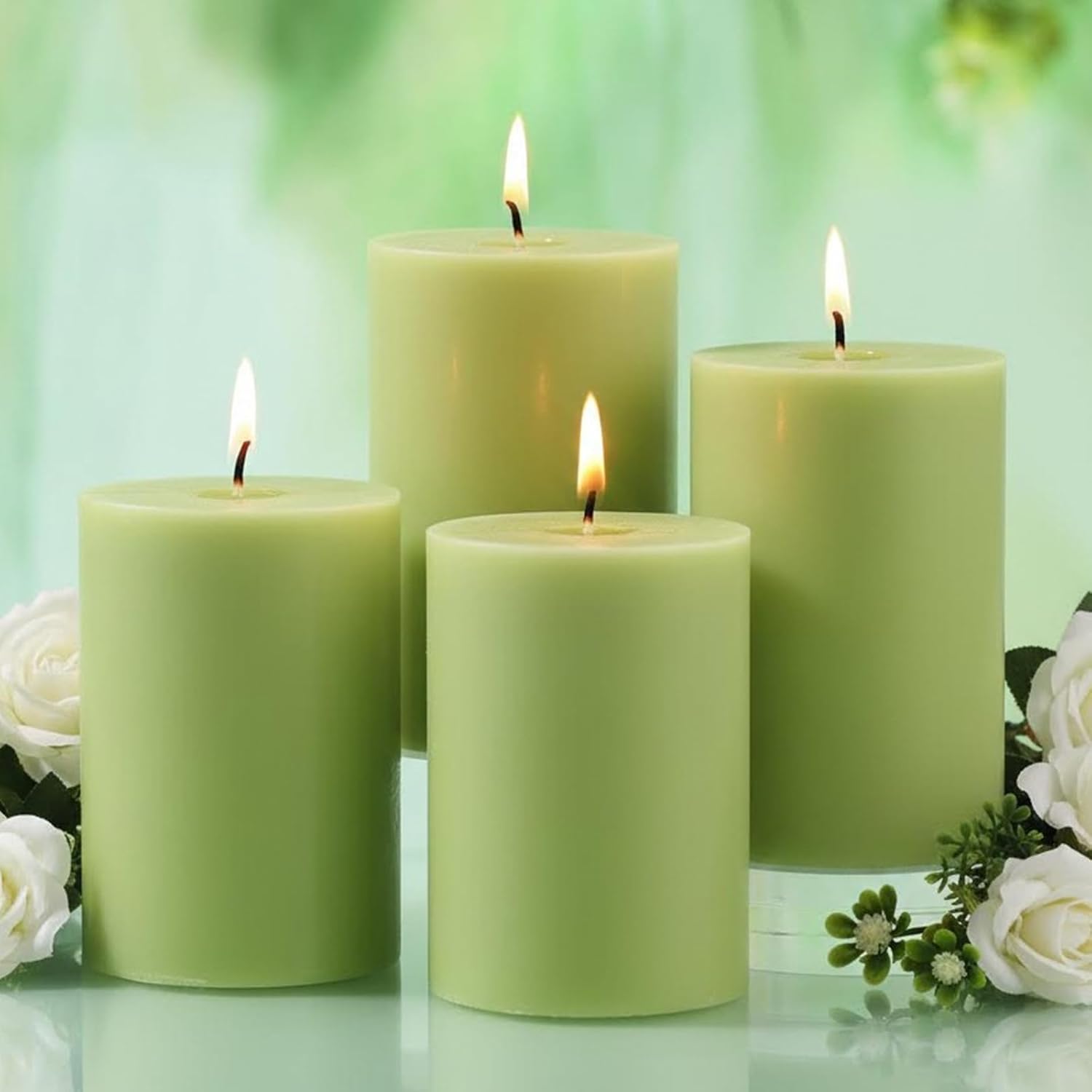 4 Pack Sage & White Tea Scented Pillar Candles-2.8x4 Inch Sage Green Soy Wax Candles-240 Hour Long Lasting Burning,Spring Aromatherapy, Non-Toxic & Smokeless for Home Decor, Dinner,Stress Relief&Gift