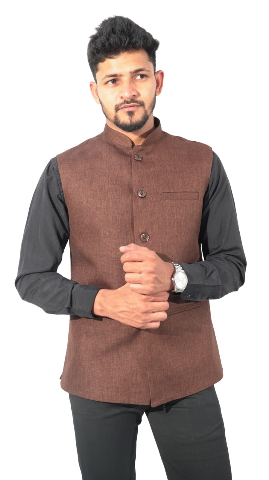 SS Fashion Men's Nehru Jacket, Brown Sleeveless Waistcoat with Mandarin Collar, Button-Up Ethnic Wear-picture-56