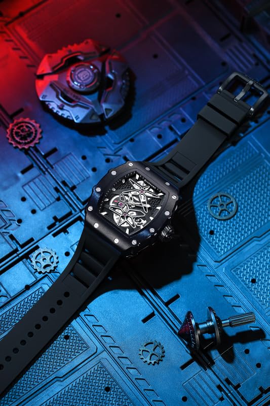 Image of Giordano Analog Skeleton Dial Watch for Men - Tonneau Case, Silicone Strap, Open-Gear Sport Design, Quartz Movement