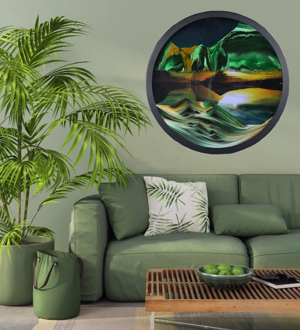 oneshow moving sand art wall art 3d deep sea sandscape 360° rotation circular sand art liquid motion wall decor relaxing mood for home office glass craft gifts for adults (green-17.3 in)