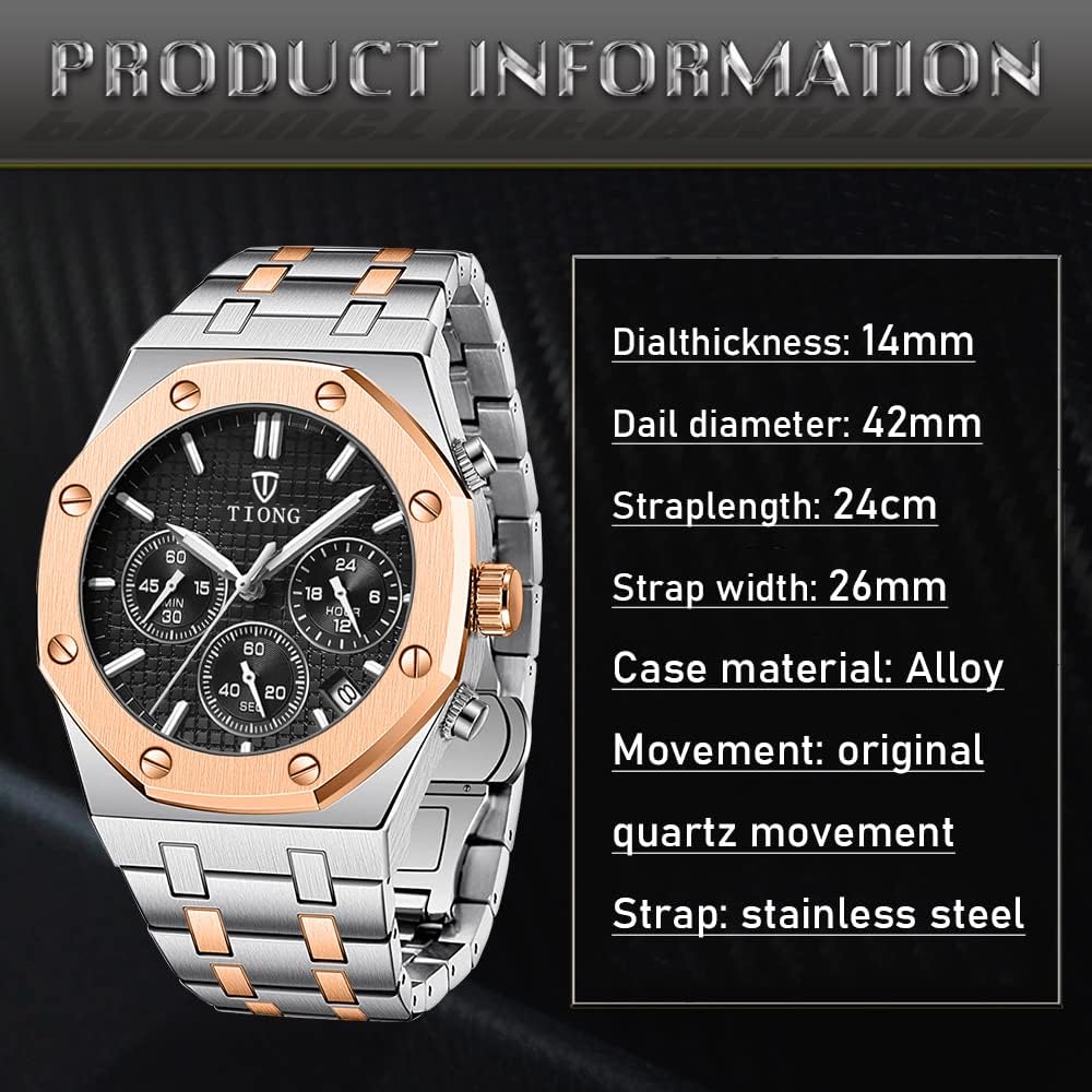 Tiong Mens Watches Chronograph Stainless Steel Waterproof Date Analog Quartz Watch Business Casual Fashion Wrist Watches for Men - Image 5