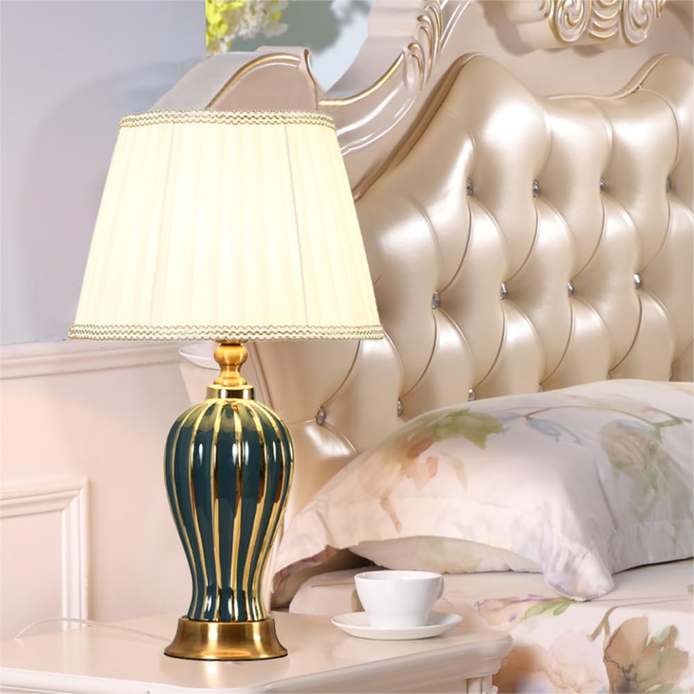 XINYASEE Lampade da tavolo in ceramica, lampada da comodino E27 moderna e tradizionale, lampade decorativa con paralume in tessuto per la decorazione di hotel, camere da letto e salotti (Verde)