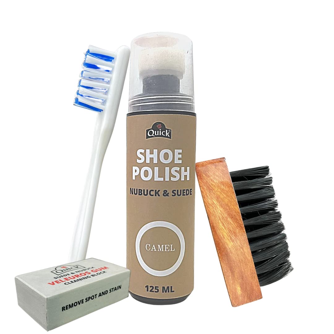 Quick Nubuck and Suede Shoe Polish and Shoe Care Kit | Color - Camel | Pack of 125 ML Shoe Polish Renovator, Handled Brush, Suede Wooden Brush and Cleaning Block. Complete Renovator Kit