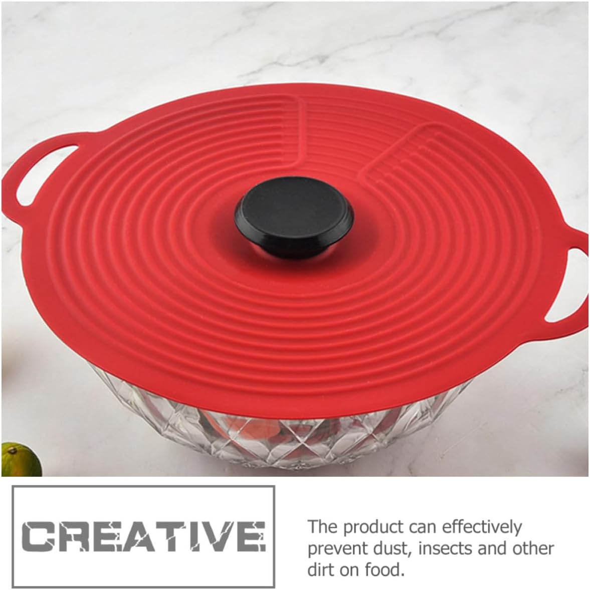Red Silicone Bowl Cover with Handle, Space Saving Reusable Lid