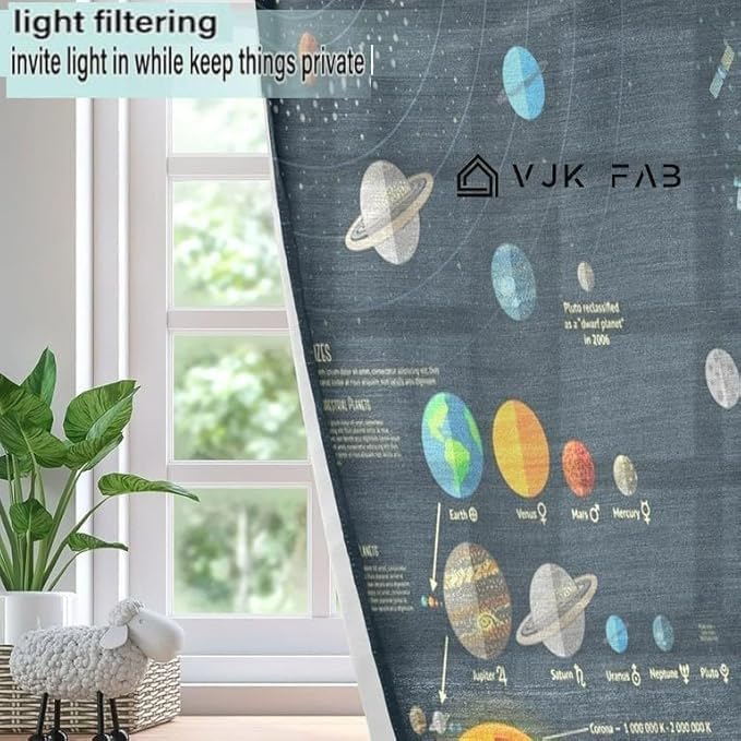 Image of Space Theme Curtains for Kids Room | Planets Cartoon Curtains 4x5 feet Set of 3 | Window Parde Galaxy Print Blinds for Boys & Girls Room | Window Curtain Panel Blue