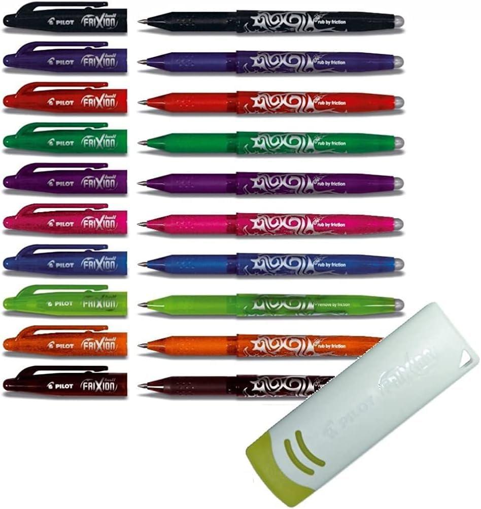 PILOT Pen Frixion Tintenroller (radierbar) 10 Stifte farbig sortiert + Radierer (10er Set Ball + Radierer)