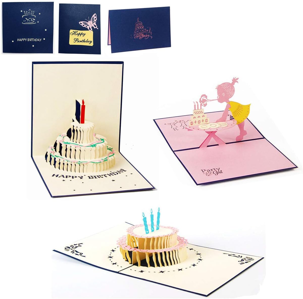 AlleTechPlus 3 Pack Birthday Cake Cards 3D Pop Up Happy Birthday Greeting Card with 3 Envelopes (Blue Cover)