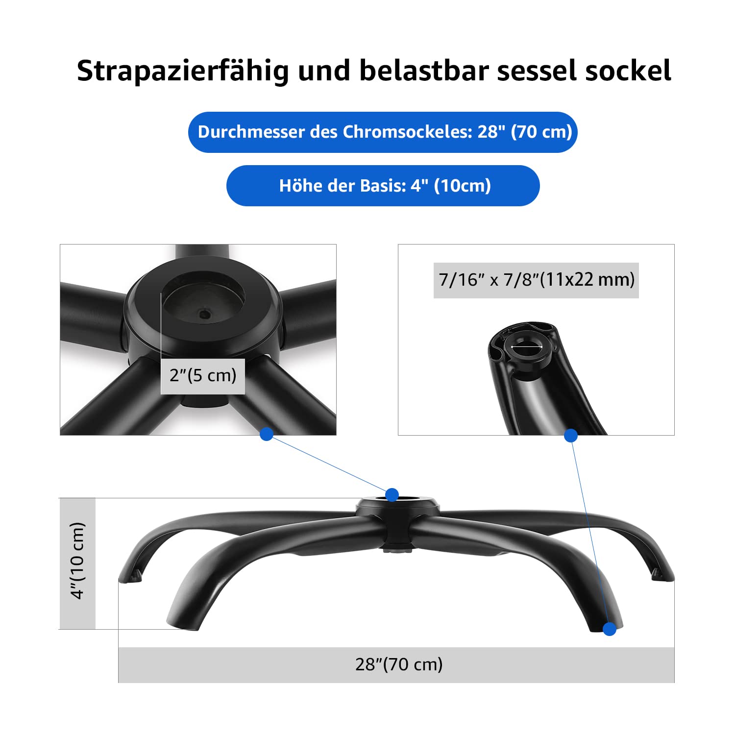 Mastery Mart 70cm Bürostuhl Fußkreuz, Belastbar bis 200kg, Universal 5-Sterne Metallrahmen Basis, Geeignet für 11mm x 22mm Rollen und 50mm Gasfeder, Strapazierfähig, Schwarz