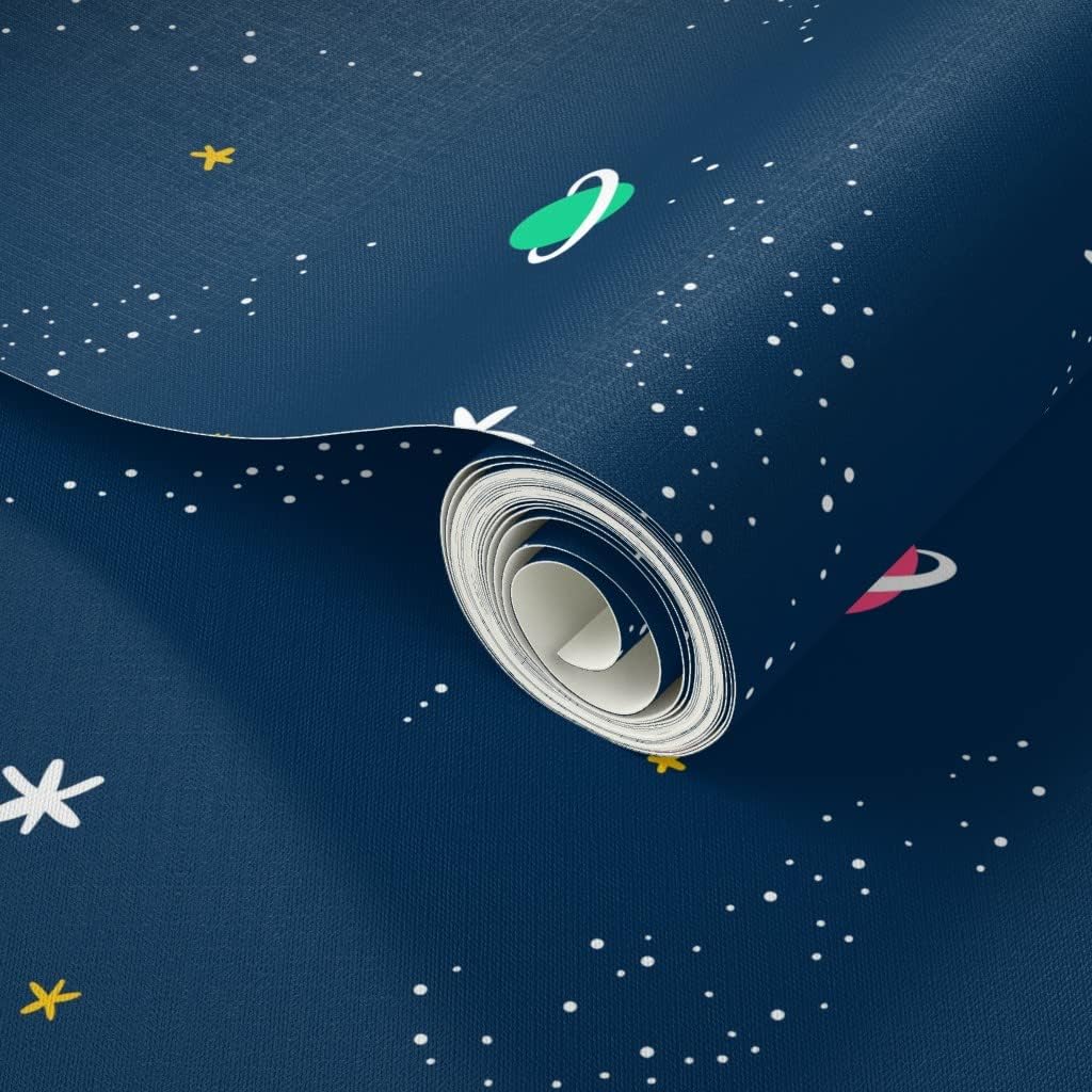 Peel & Stick Wallpaper Swatch - Space Blue Stars Cartoon Sky Doodle Science Planets Custom Removable Wallpaper by Spoonflower