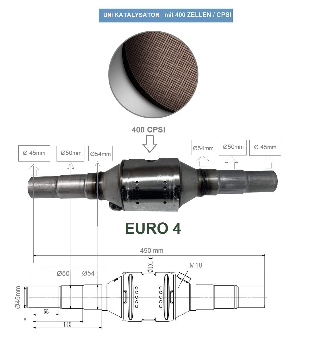 Universal Katalysator EURO 4 Norm RUND für alle Benzinmotoren bis 2000ccm mit Stufenrohr Ø 45mm / Ø 50mm / Ø 54 mm.Kein Pfand und Rückgabe des alten Katalysators !