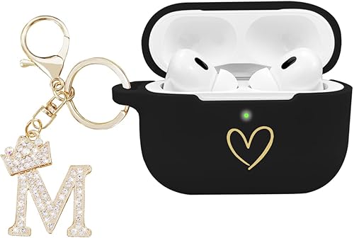 Funda compatible con AirPods Pro 2 2022, funda de silicona suave con patrón de corazón dorado para AirPods Pro de 2 generación con llavero de letra
