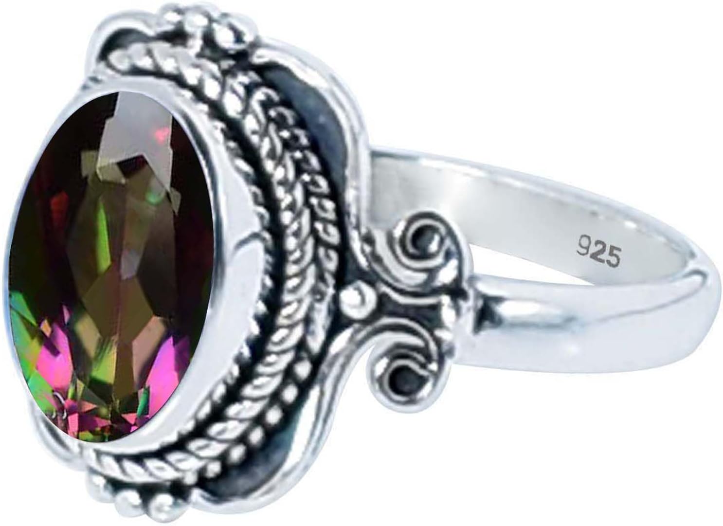 Natural Gemstone Ring, Solid 925 Sterling Silver Statement Ring For Women Teen Girls Mom Gift Ring Multicolor Mystic Topaz Ring Handmade Ring