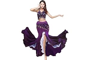 Women's Belly Dance Costume 3-Piece Outfit: Crop Top, Belt, Chiffon Split Skirt