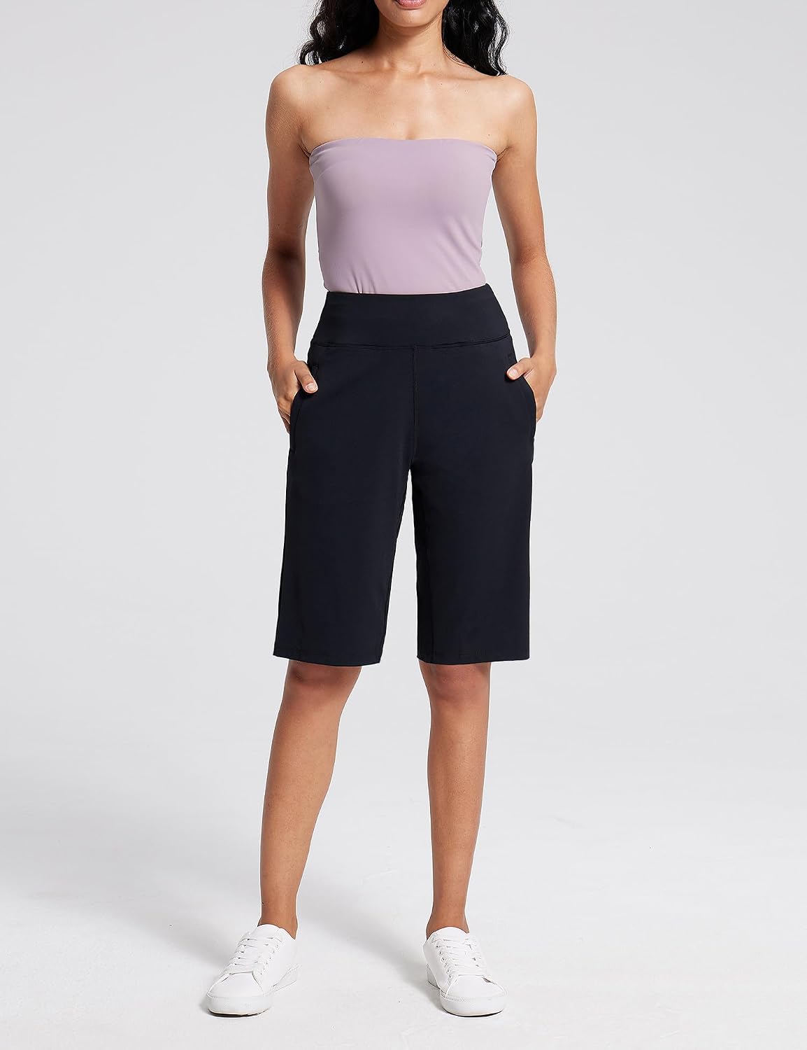 AJISAI Women's 9"/12" High Waisted Bermuda Shorts with Zippered Pockets Knee Length Long Shorts for Women Workout Athletic