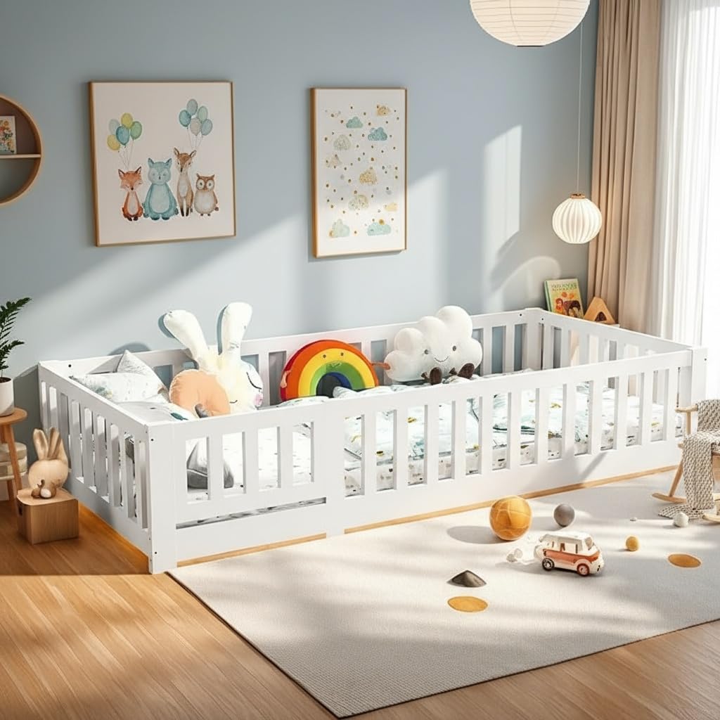 Łóżko dziecięce z zabezpieczeniem przed upadkiem i stelażem, rama łóżka Montessori dla dzieci, łóżko piętrowe Montessori z litego drewna sosnowego, łóżko pojedyncze białe dla chłopców i dziewczynek