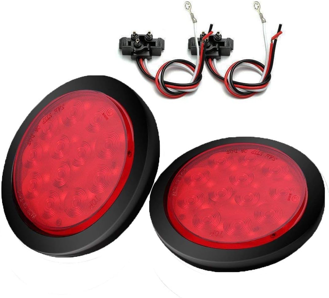 4'' Round 12-LED Truck Trailer Brake Stop Turn Marker Tail Light Flush Mount Back-Up Low Profile Light, Waterproof Tight Sealed Grommet Plug for RV Boat Truck Trailer Red DC 12V (Pack of 2)