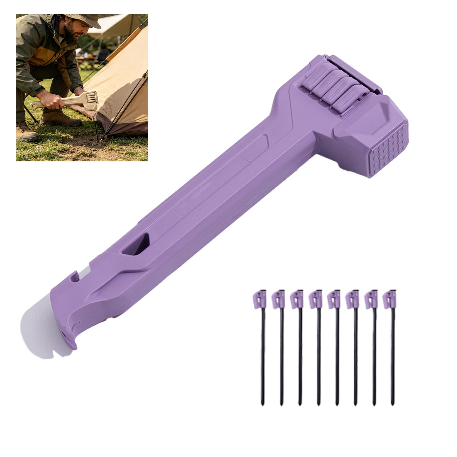 Multifunctional Camping Hammer & Tent Stake Set with Puller, Storage Handle, and Bottle Opener for Camping, Hiking, and Beach Trips (Purple)