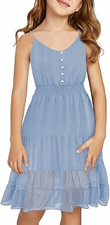 Girl Strap Dress Tween Kids Summer Sundress Cold Shoulder Outfits Casual Solid Clothes Sleeveless Clothing Size 10-11 Years Old Light Blue